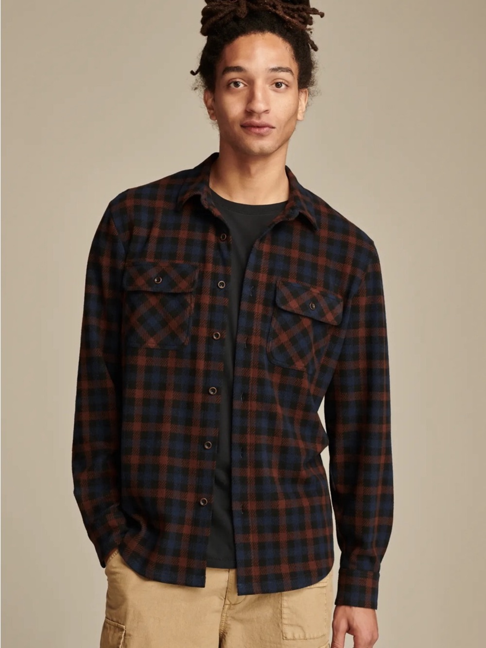 Lucky Brand Brushed Knit Button Down Plaid Shirt